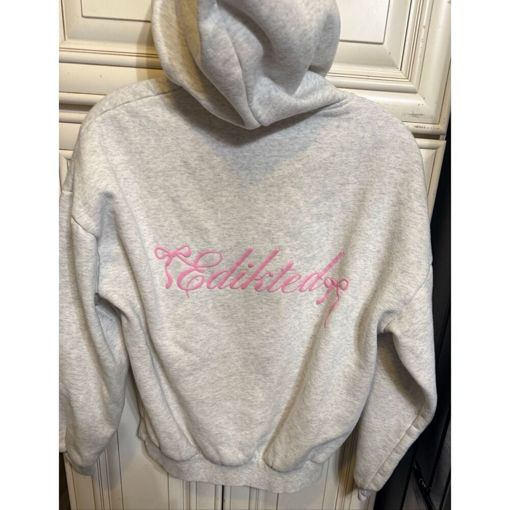 Edikted Girls Pink Sasha Bow Detail Pullover Hoodie Heather Gray Melange Size XS